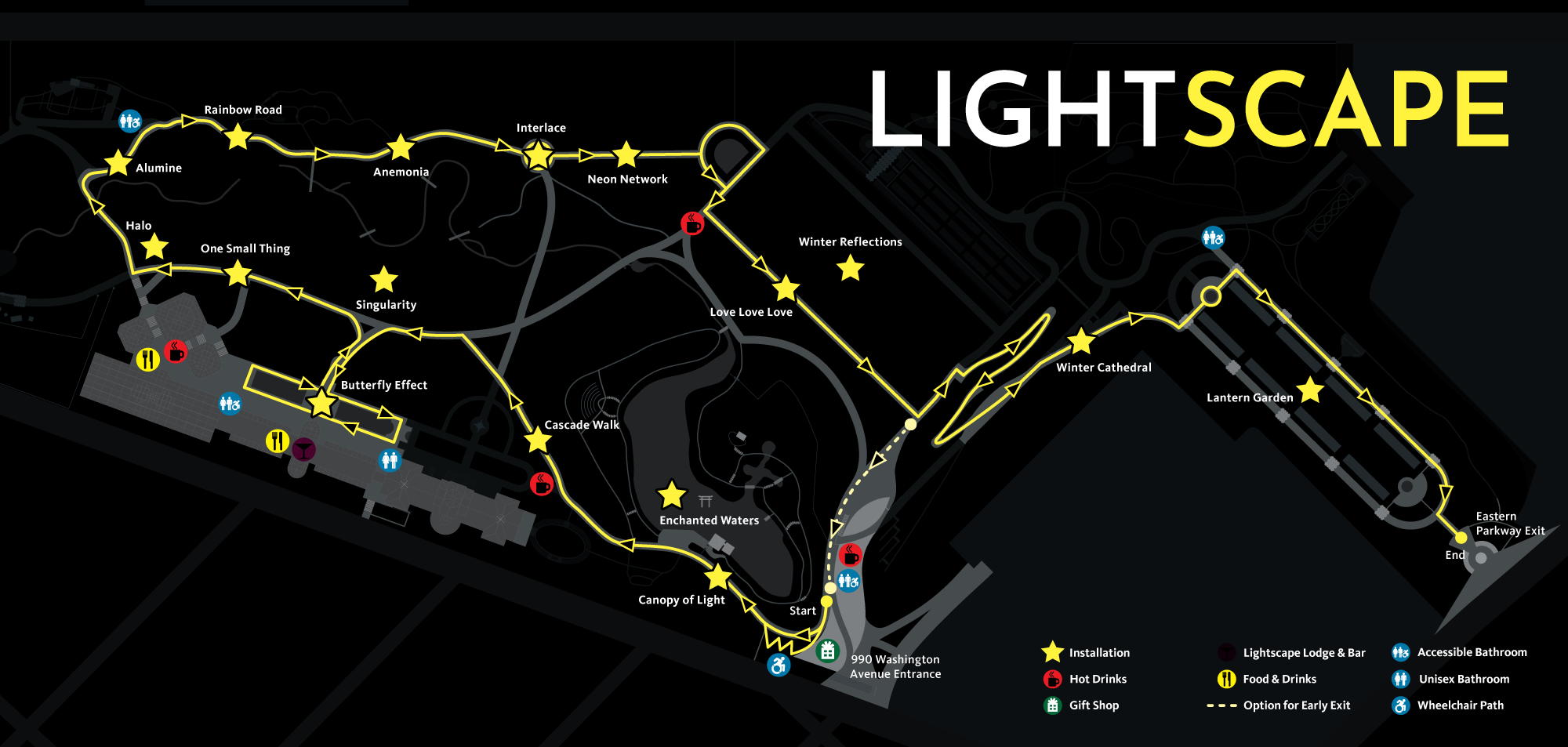 A yellow line indicates a route looping into the Garden from the Visitor Center. Along the route are stars and icons showing locations of installations, food & drink, and bathrooms.